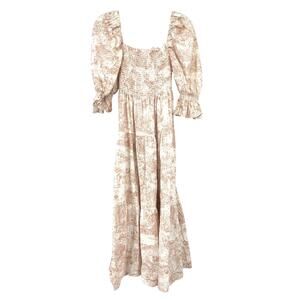 Nothing Fits But Kiko Midi Dress Womens Sz Large Pink Cream Toile Print Smocked